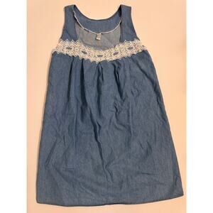 Vintage 90s Women's Denim Sleeveless Tie Back Dress Size S Lace Trim 100% Cotton